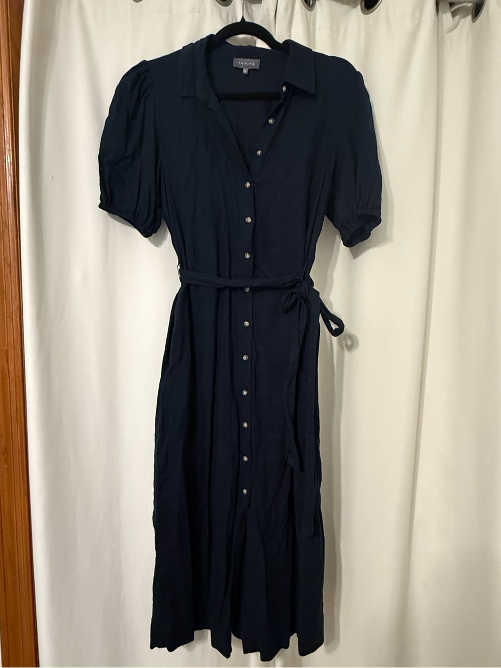 Tokito Navy Blue Short Sleeve Button-down Collared Linen Blend Midi Dress Size 8
